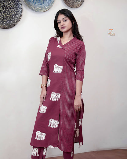 Premium Cotton Co-ord Set: Slit Top & Pocketed Bottom-Berry Red.