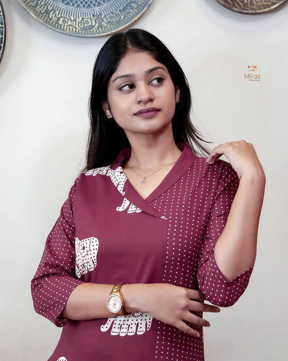 Premium Cotton Co-ord Set: Slit Top & Pocketed Bottom-Berry Red.