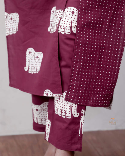 Premium Cotton Co-ord Set: Slit Top & Pocketed Bottom-Berry Red.