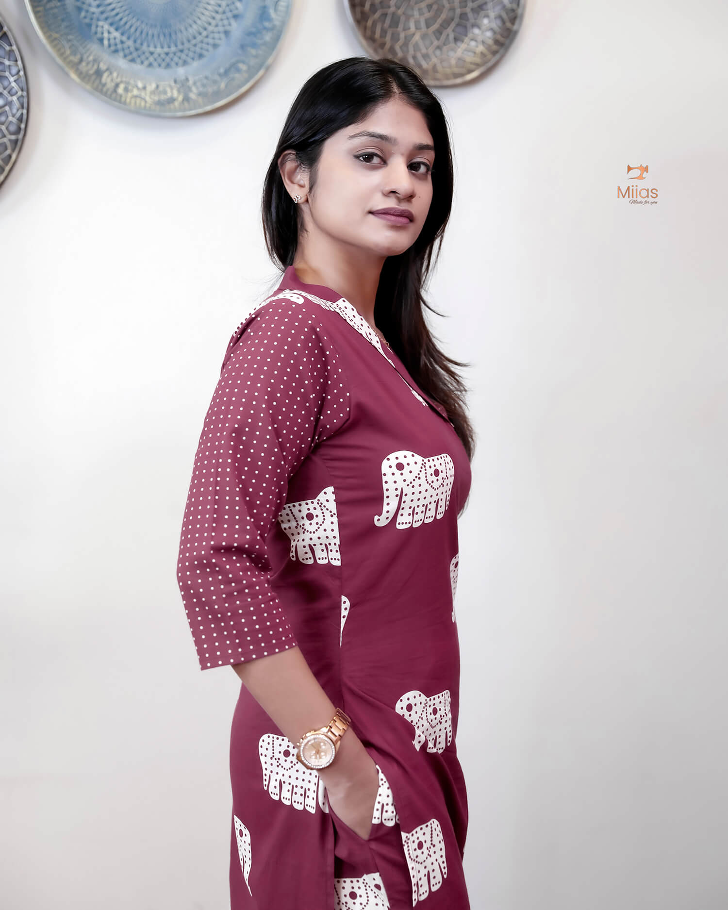 Premium Cotton Co-ord Set: Slit Top & Pocketed Bottom-Berry Red.