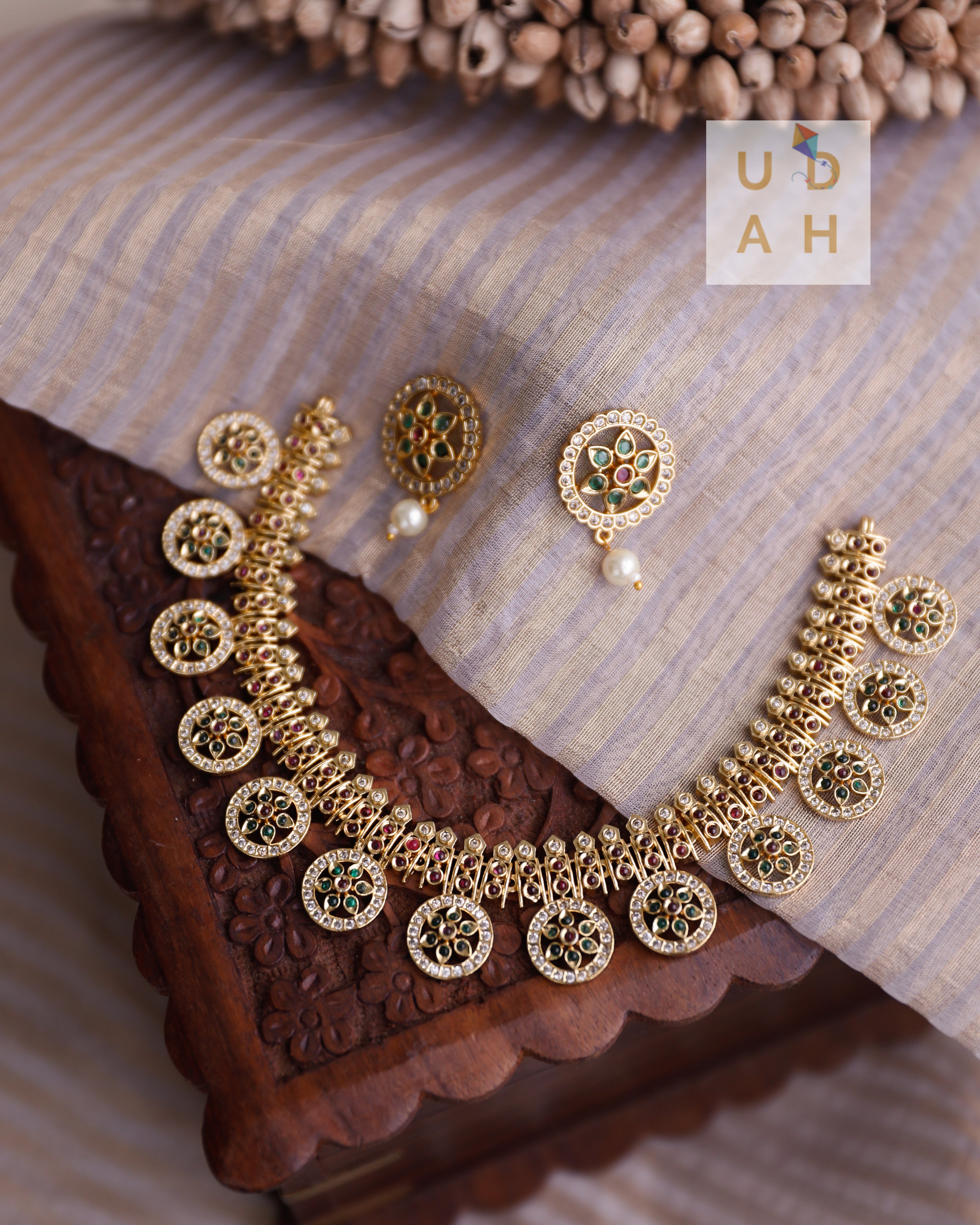 Floral Chakra Kasu-Style Gold Finish Necklace with Pearl Drop Earrings