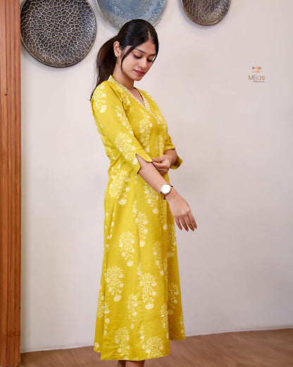 South Cotton Five-Panel Kurti with Mirror Work & Collar-Yellow.