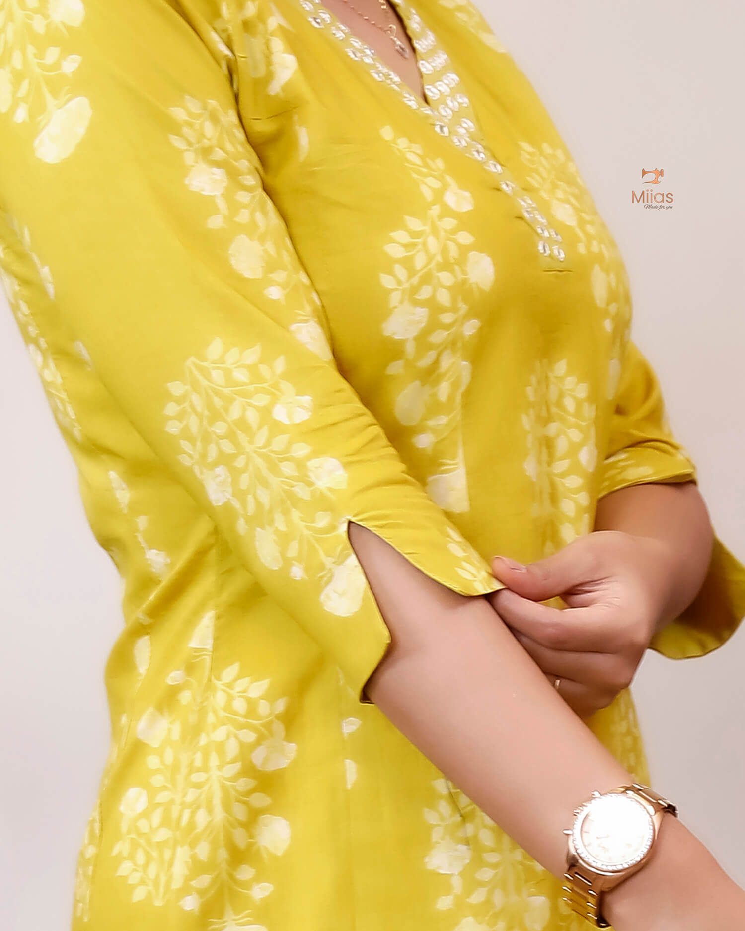 South Cotton Five-Panel Kurti with Mirror Work & Collar-Yellow.