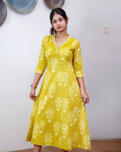 South Cotton Five-Panel Kurti with Mirror Work & Collar-Yellow.
