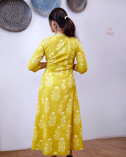 South Cotton Five-Panel Kurti with Mirror Work & Collar-Yellow.