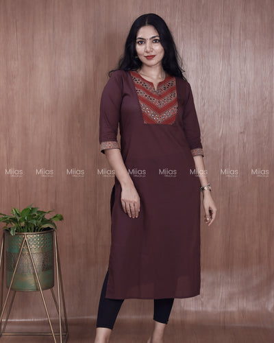 Cotton Slit Kurti | Ajrakh Patch + Mirror Yoke + Border | Wine Red