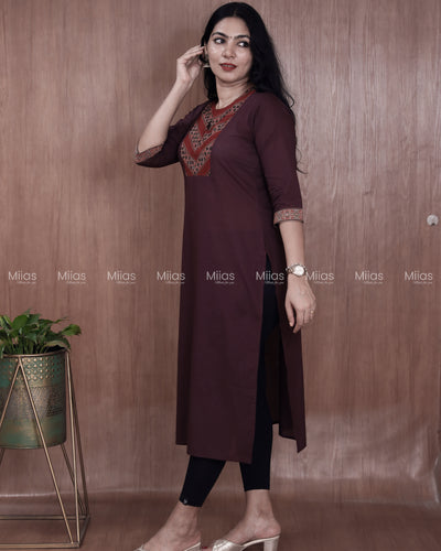 Cotton Slit Kurti | Ajrakh Patch + Mirror Yoke + Border | Wine Red
