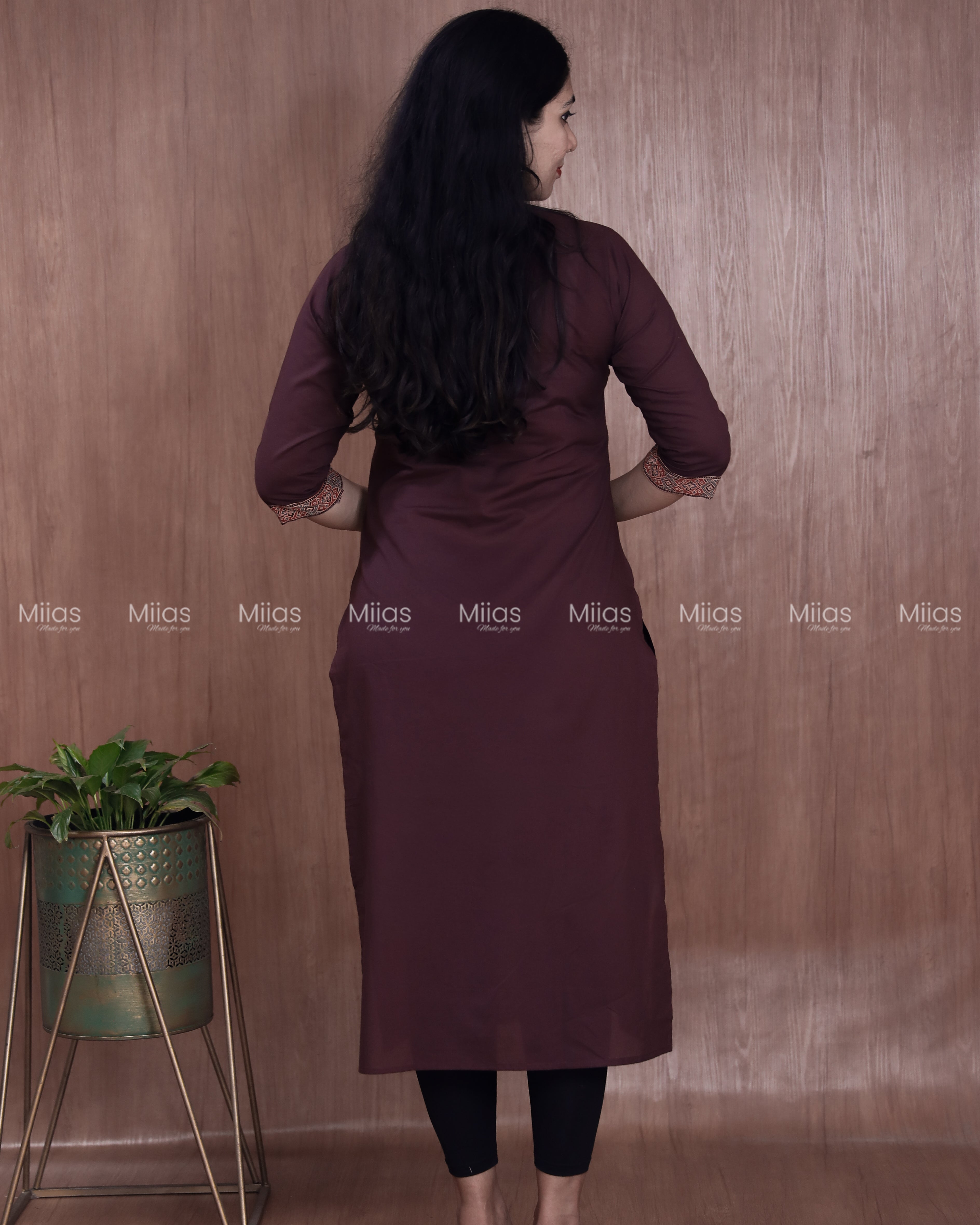 Cotton Slit Kurti | Ajrakh Patch + Mirror Yoke + Border | Wine Red