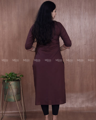 Cotton Slit Kurti | Ajrakh Patch + Mirror Yoke + Border | Wine Red