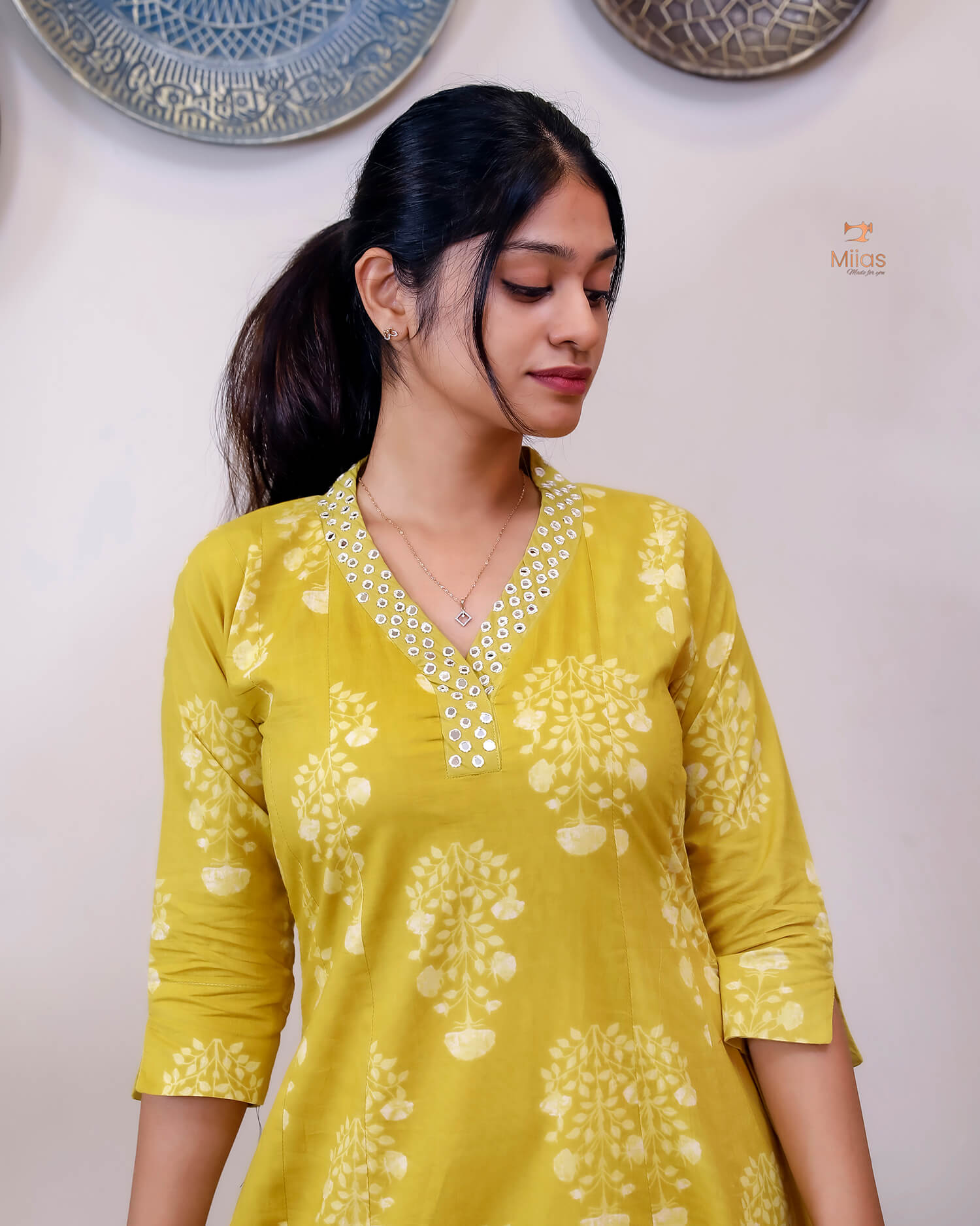 South Cotton Five-Panel Kurti with Mirror Work & Collar-Yellow.