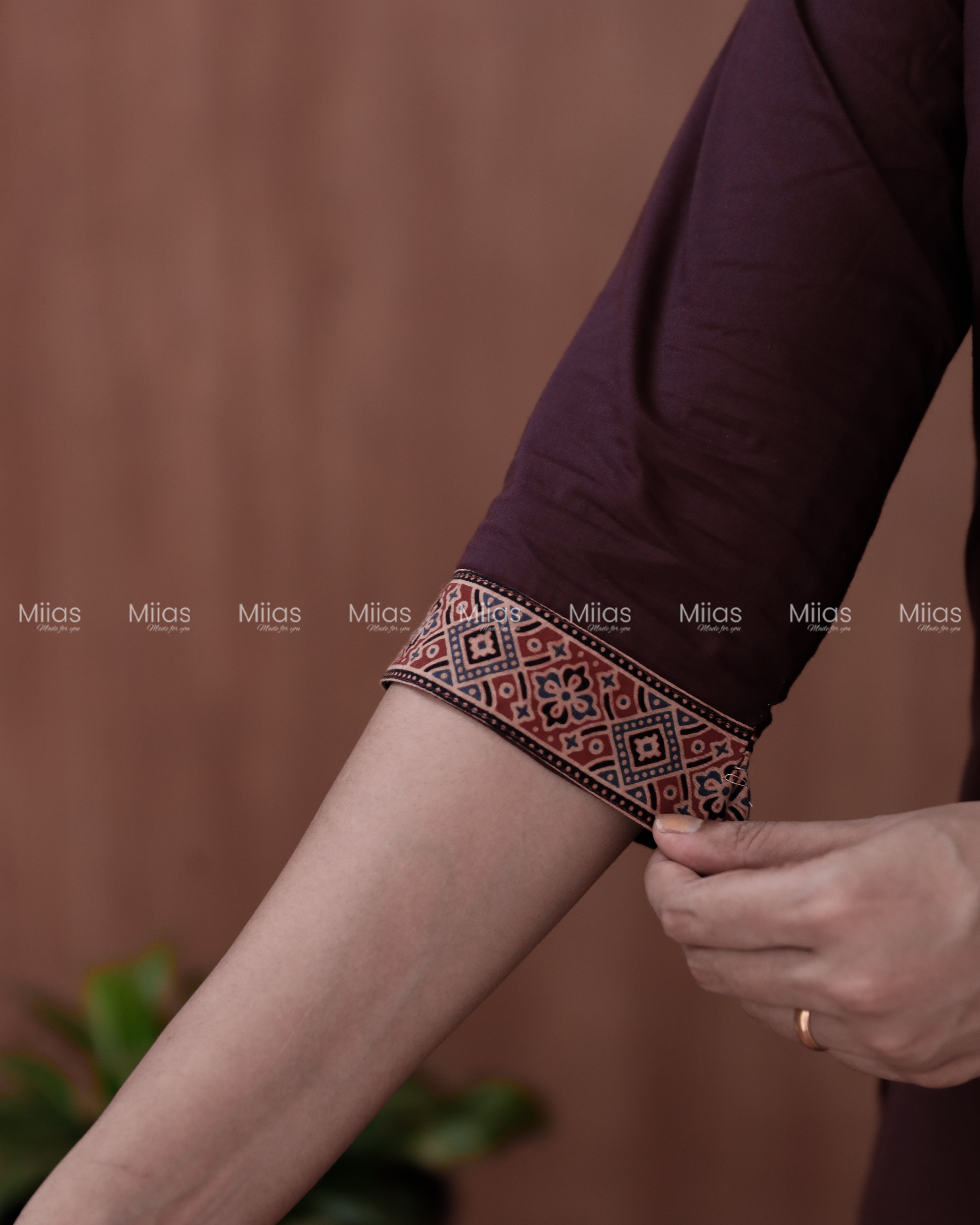 Cotton Slit Kurti | Ajrakh Patch + Mirror Yoke + Border | Wine Red