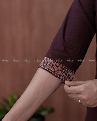 Cotton Slit Kurti | Ajrakh Patch + Mirror Yoke + Border | Wine Red
