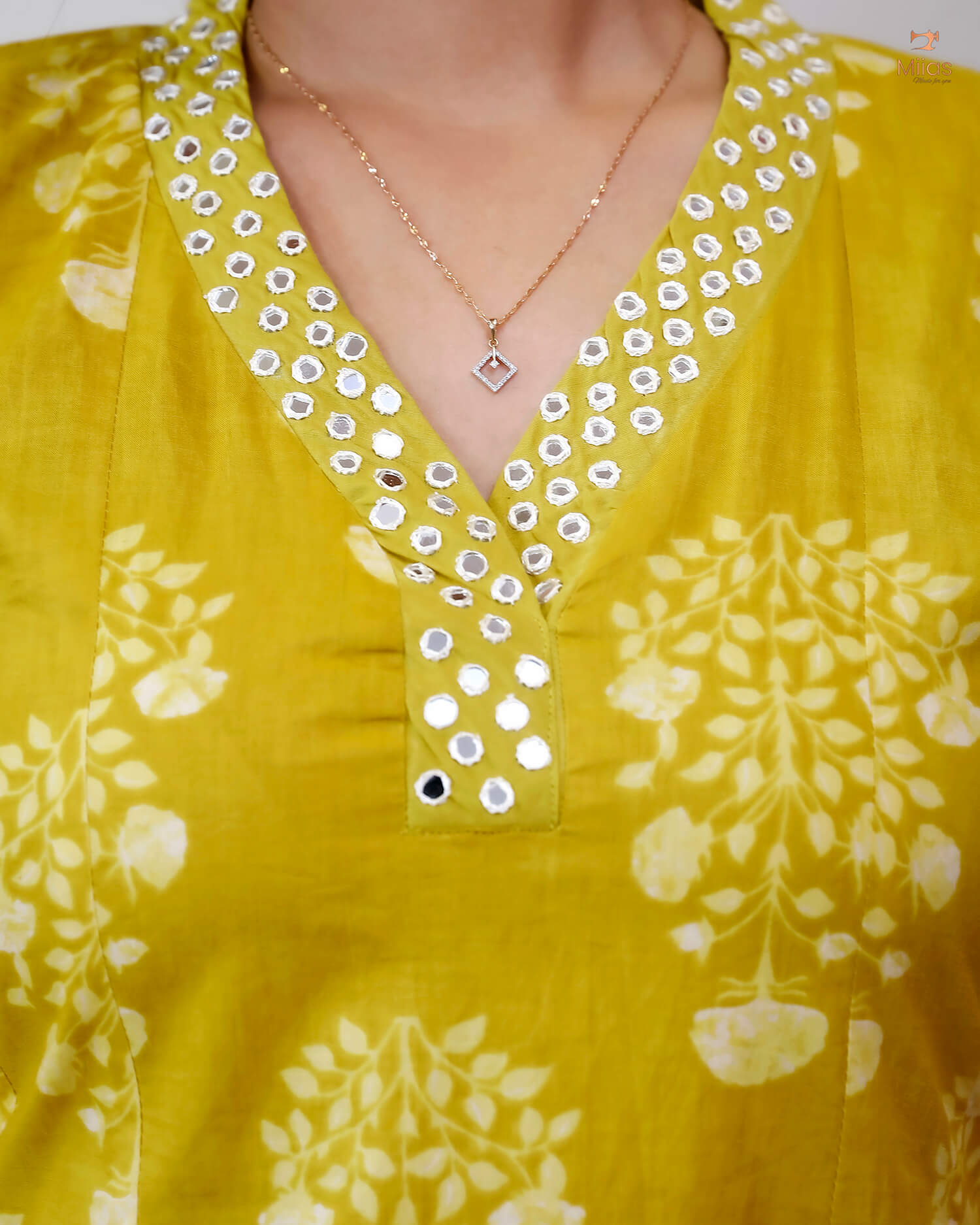 South Cotton Five-Panel Kurti with Mirror Work & Collar-Yellow.
