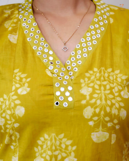South Cotton Five-Panel Kurti with Mirror Work & Collar-Yellow.