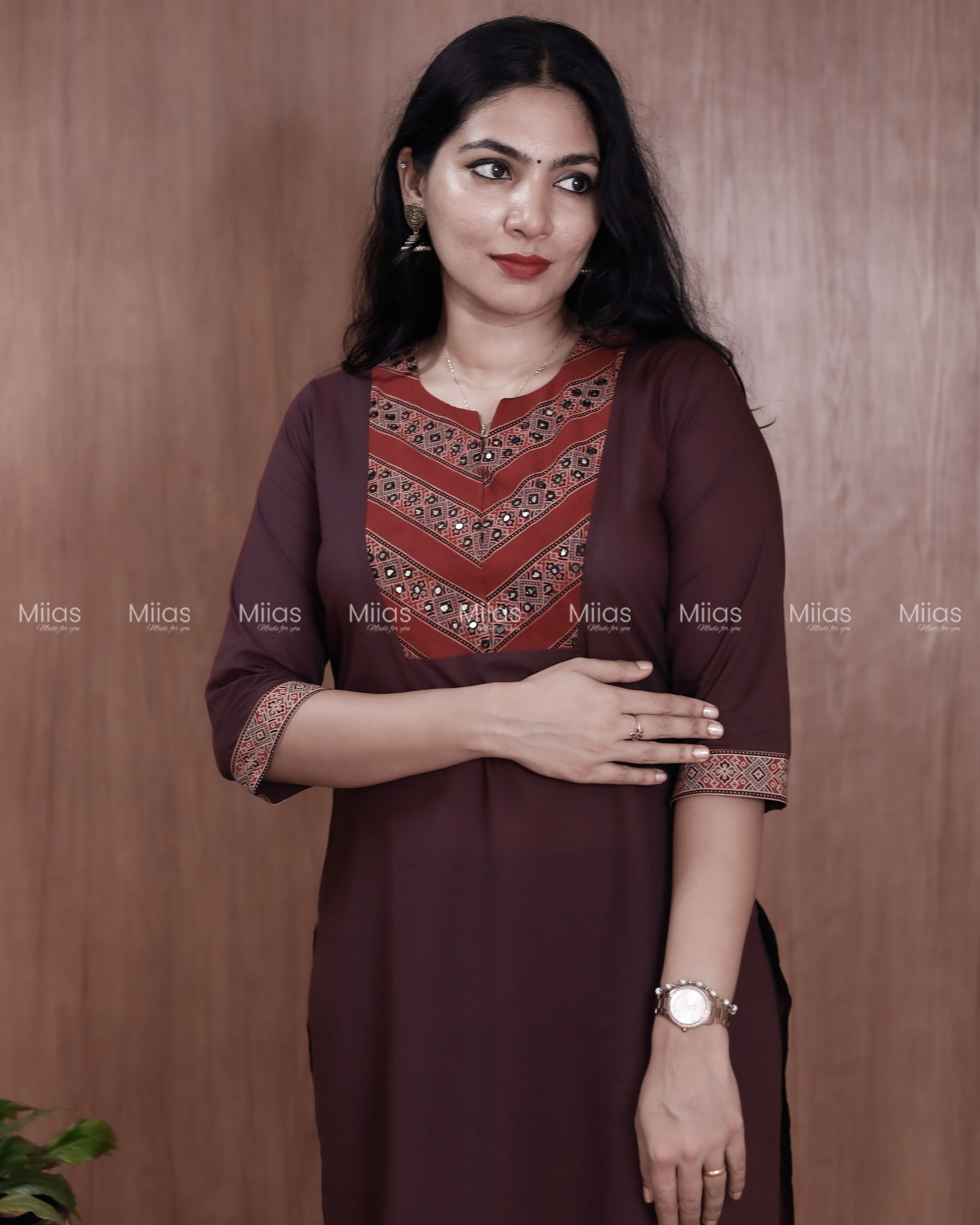 Cotton Slit Kurti | Ajrakh Patch + Mirror Yoke + Border | Wine Red