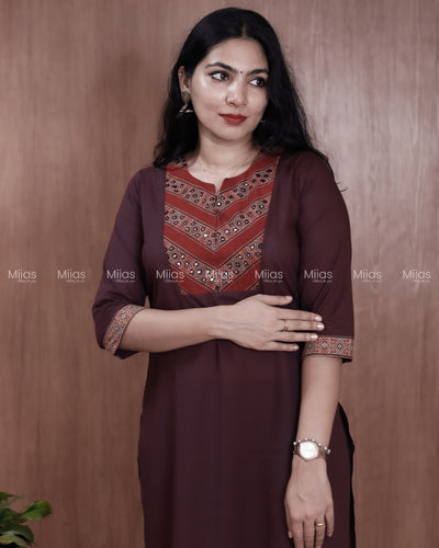 Cotton Slit Kurti | Ajrakh Patch + Mirror Yoke + Border | Wine Red