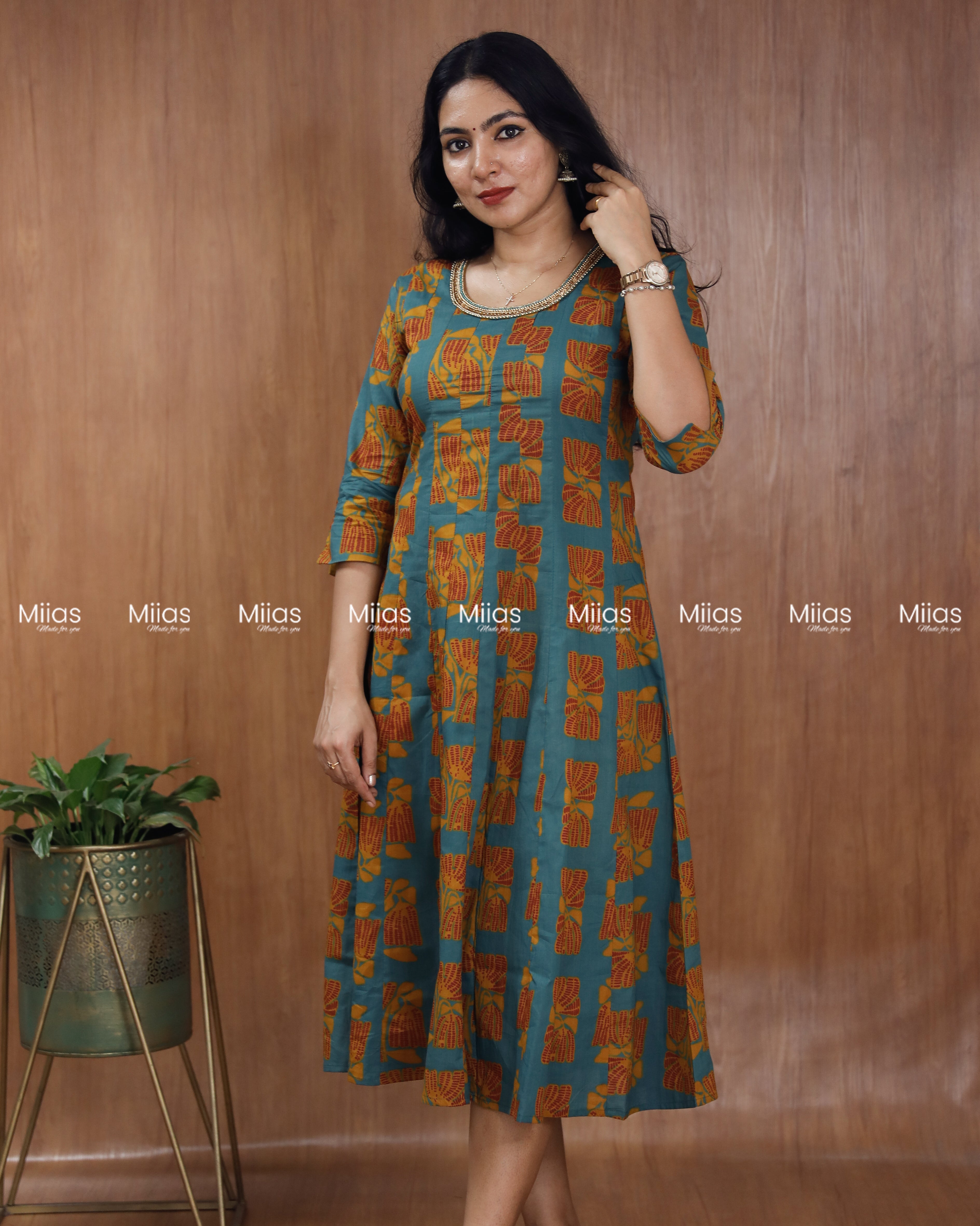 South Cotton Panel Kurti | Beaded Neckline + Slit Sleeves | Steel Blue