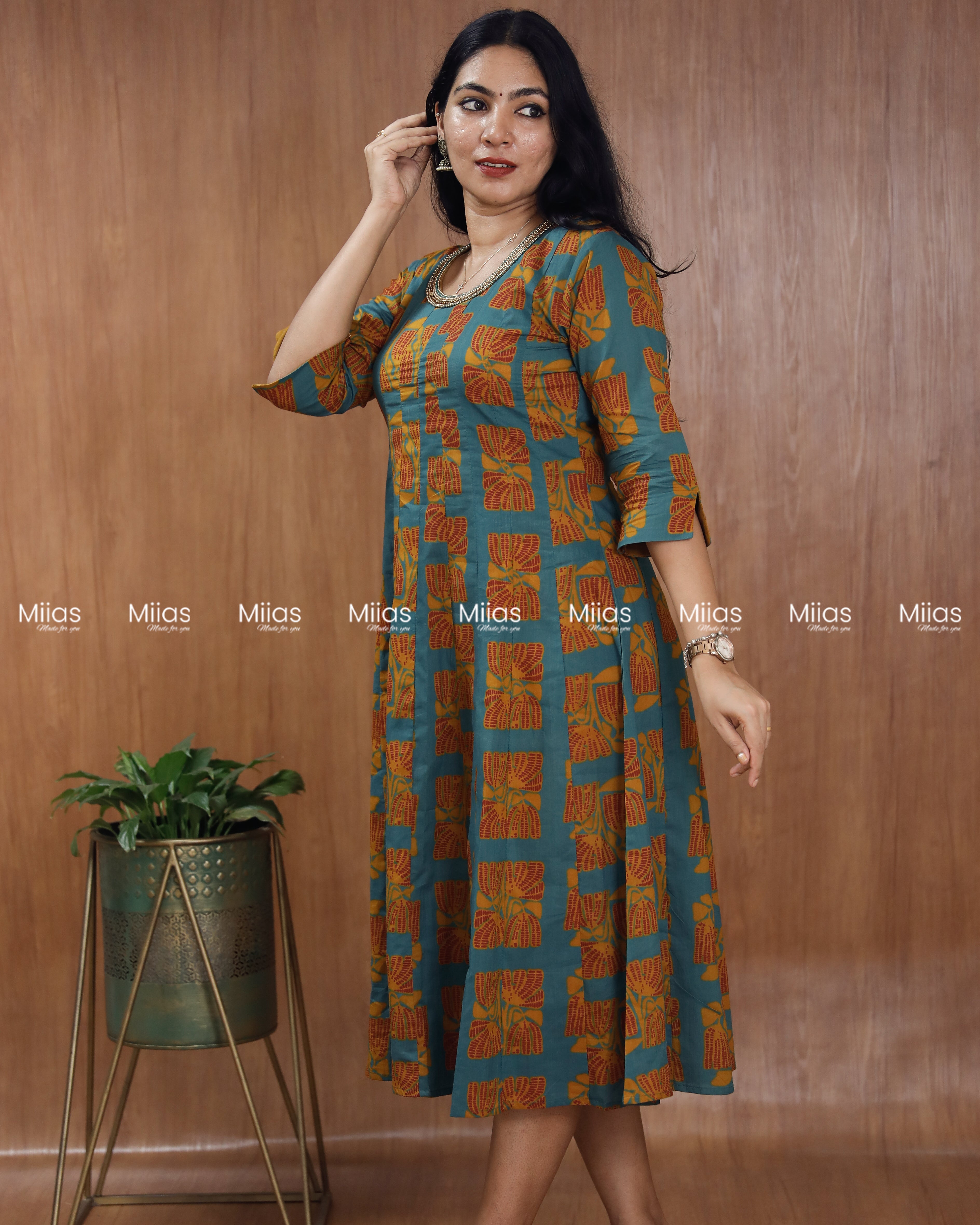 South Cotton Panel Kurti | Beaded Neckline + Slit Sleeves | Steel Blue