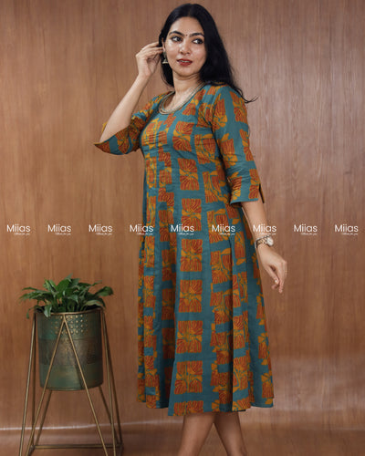 South Cotton Panel Kurti | Beaded Neckline + Slit Sleeves | Steel Blue