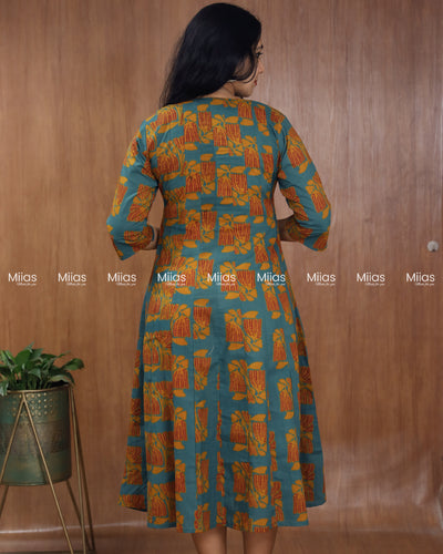 South Cotton Panel Kurti | Beaded Neckline + Slit Sleeves | Steel Blue