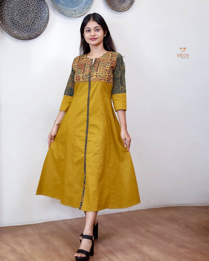 Lawn Cotton Kurti: Ajrakh Patchwork & Mirror Work-Yellow.