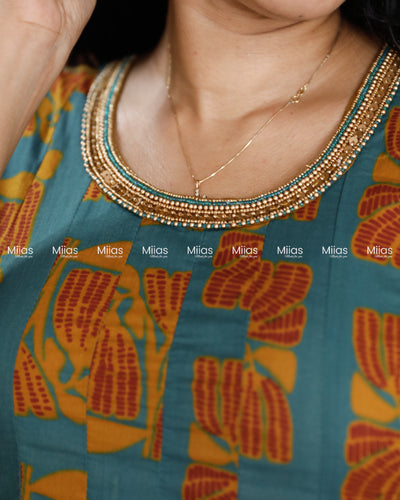 South Cotton Panel Kurti | Beaded Neckline + Slit Sleeves | Steel Blue