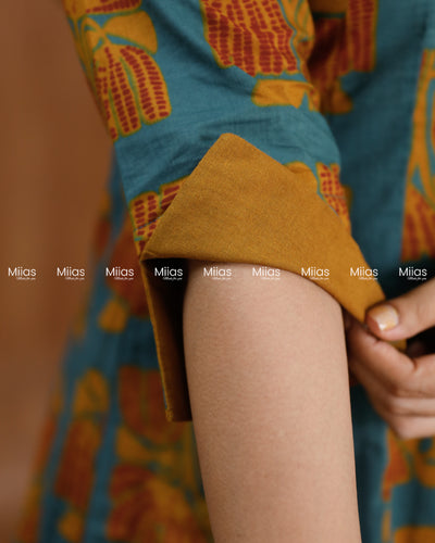 South Cotton Panel Kurti | Beaded Neckline + Slit Sleeves | Steel Blue