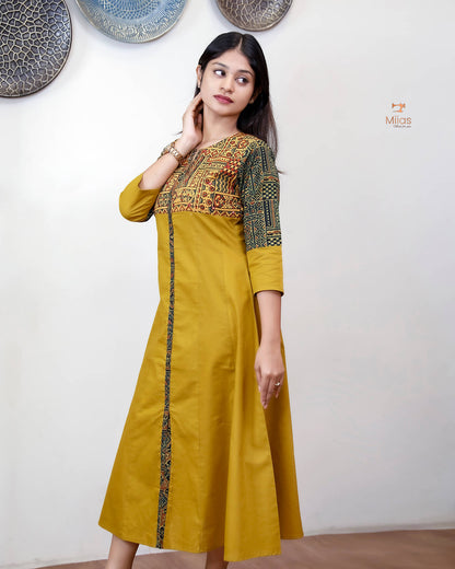 Lawn Cotton Kurti: Ajrakh Patchwork & Mirror Work-Yellow.