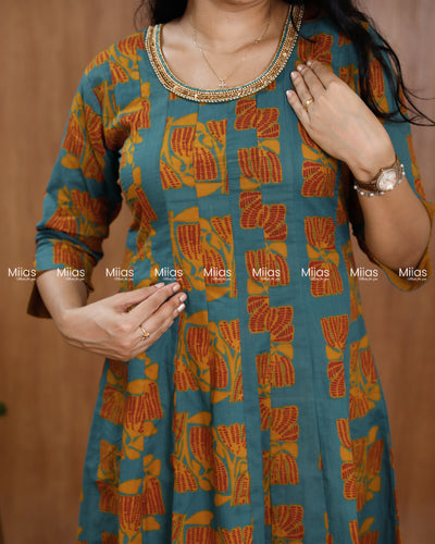 South Cotton Panel Kurti | Beaded Neckline + Slit Sleeves | Steel Blue