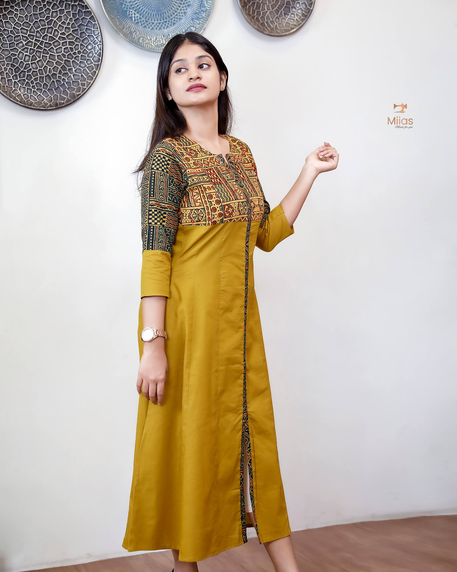 Lawn Cotton Kurti: Ajrakh Patchwork & Mirror Work-Yellow.