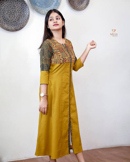 Lawn Cotton Kurti: Ajrakh Patchwork & Mirror Work-Yellow.