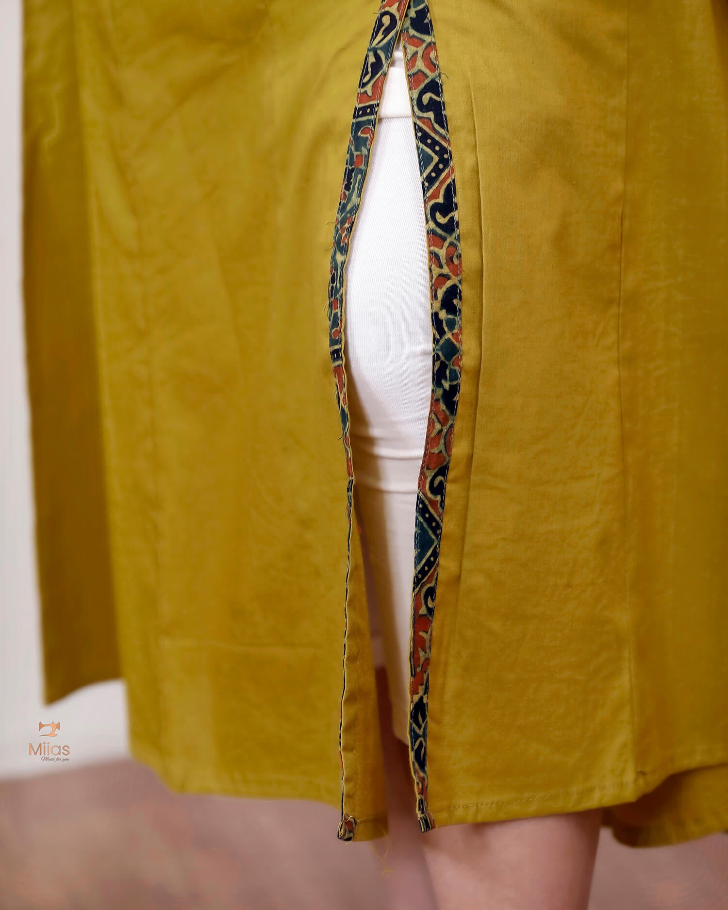 Lawn Cotton Kurti: Ajrakh Patchwork & Mirror Work-Yellow.