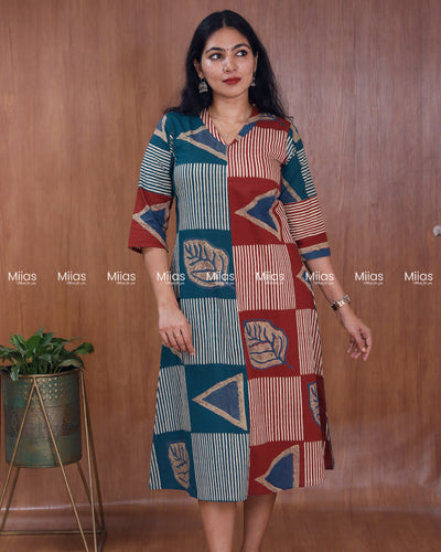 South Cotton Dress Kurti | Dual Print + Folding Collar | Red with Blue