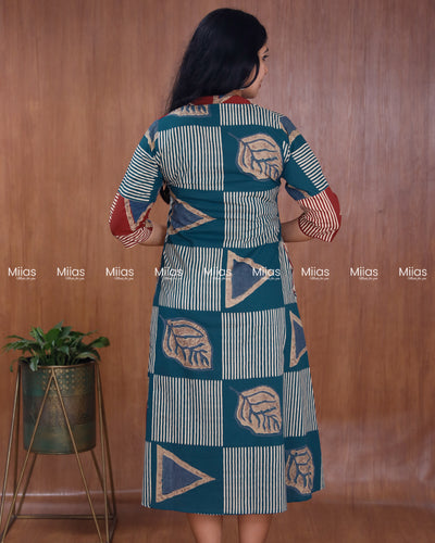 South Cotton Dress Kurti | Dual Print + Folding Collar | Red with Blue