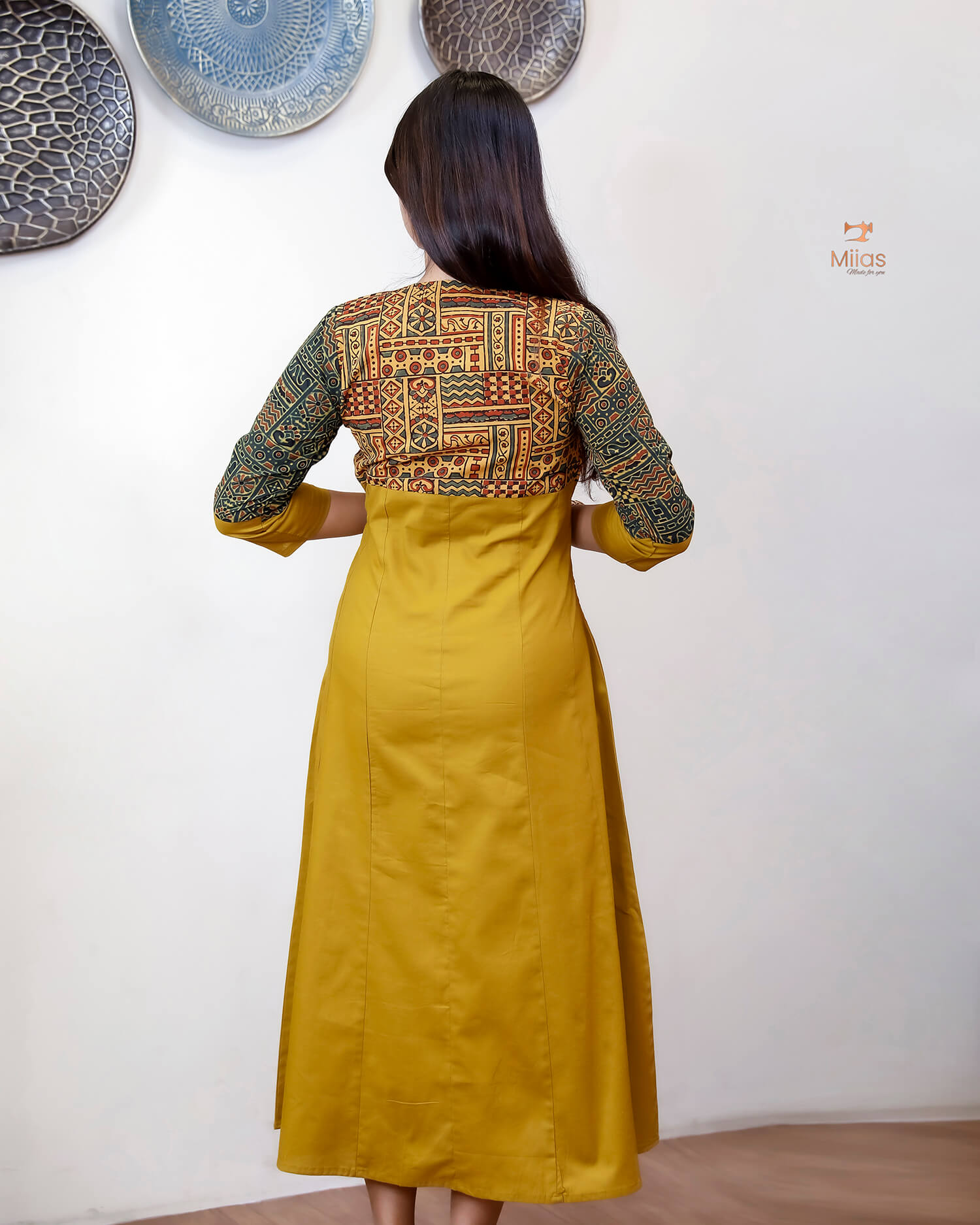 Lawn Cotton Kurti: Ajrakh Patchwork & Mirror Work-Yellow.