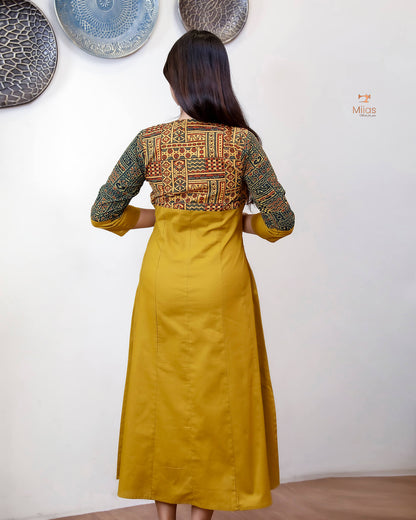 Lawn Cotton Kurti: Ajrakh Patchwork & Mirror Work-Yellow.
