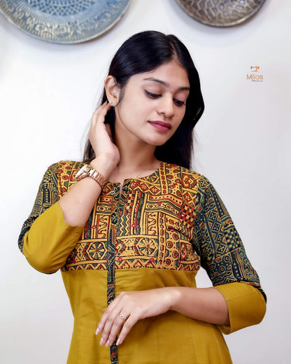 Lawn Cotton Kurti: Ajrakh Patchwork & Mirror Work-Yellow.