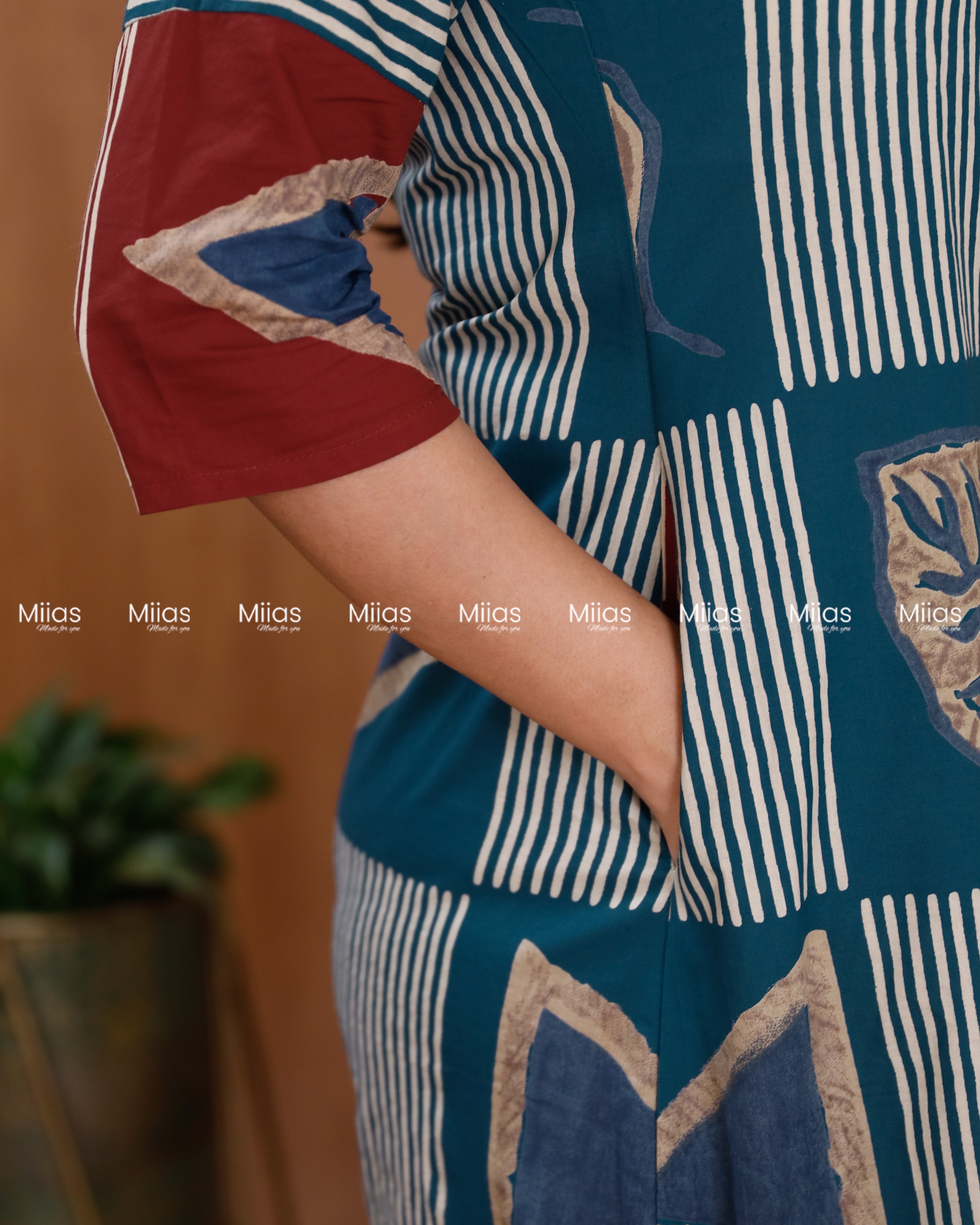 South Cotton Dress Kurti | Dual Print + Folding Collar | Red with Blue