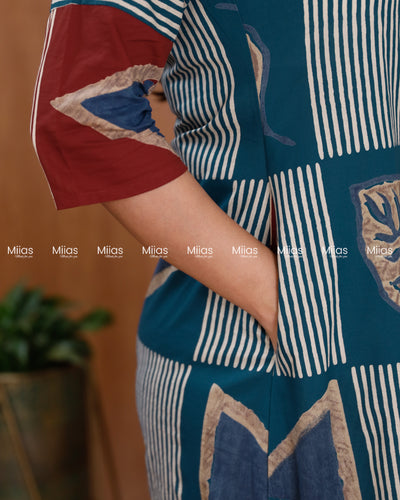 South Cotton Dress Kurti | Dual Print + Folding Collar | Red with Blue