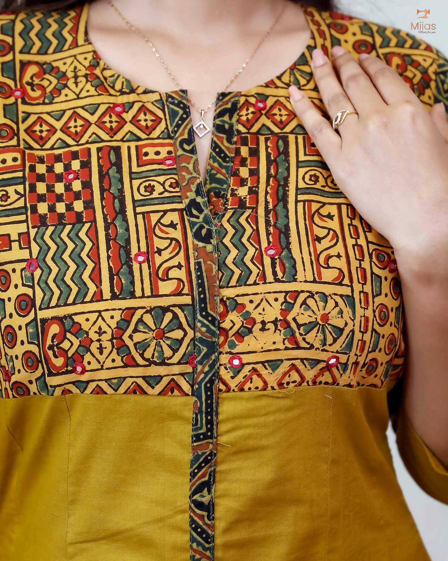 Lawn Cotton Kurti: Ajrakh Patchwork & Mirror Work-Yellow.