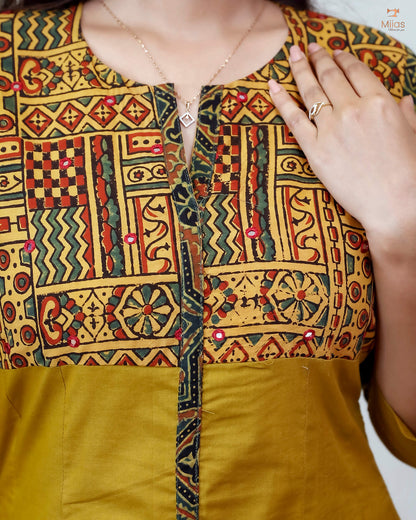 Lawn Cotton Kurti: Ajrakh Patchwork & Mirror Work-Yellow.