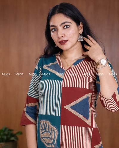 South Cotton Dress Kurti | Dual Print + Folding Collar | Red with Blue