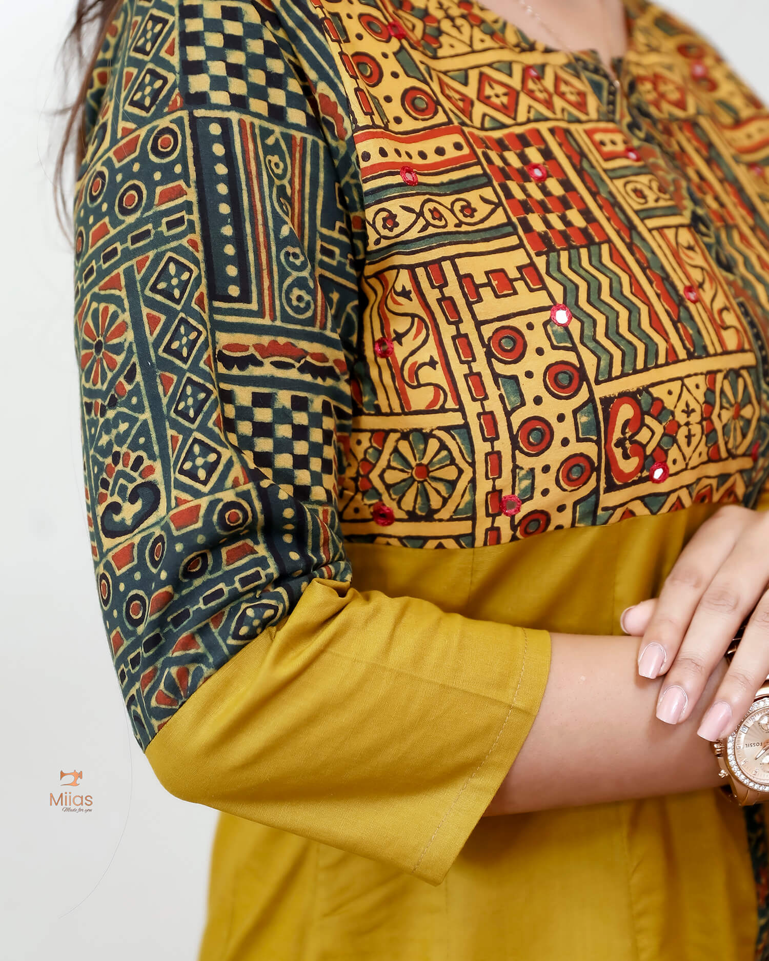 Lawn Cotton Kurti: Ajrakh Patchwork & Mirror Work-Yellow.