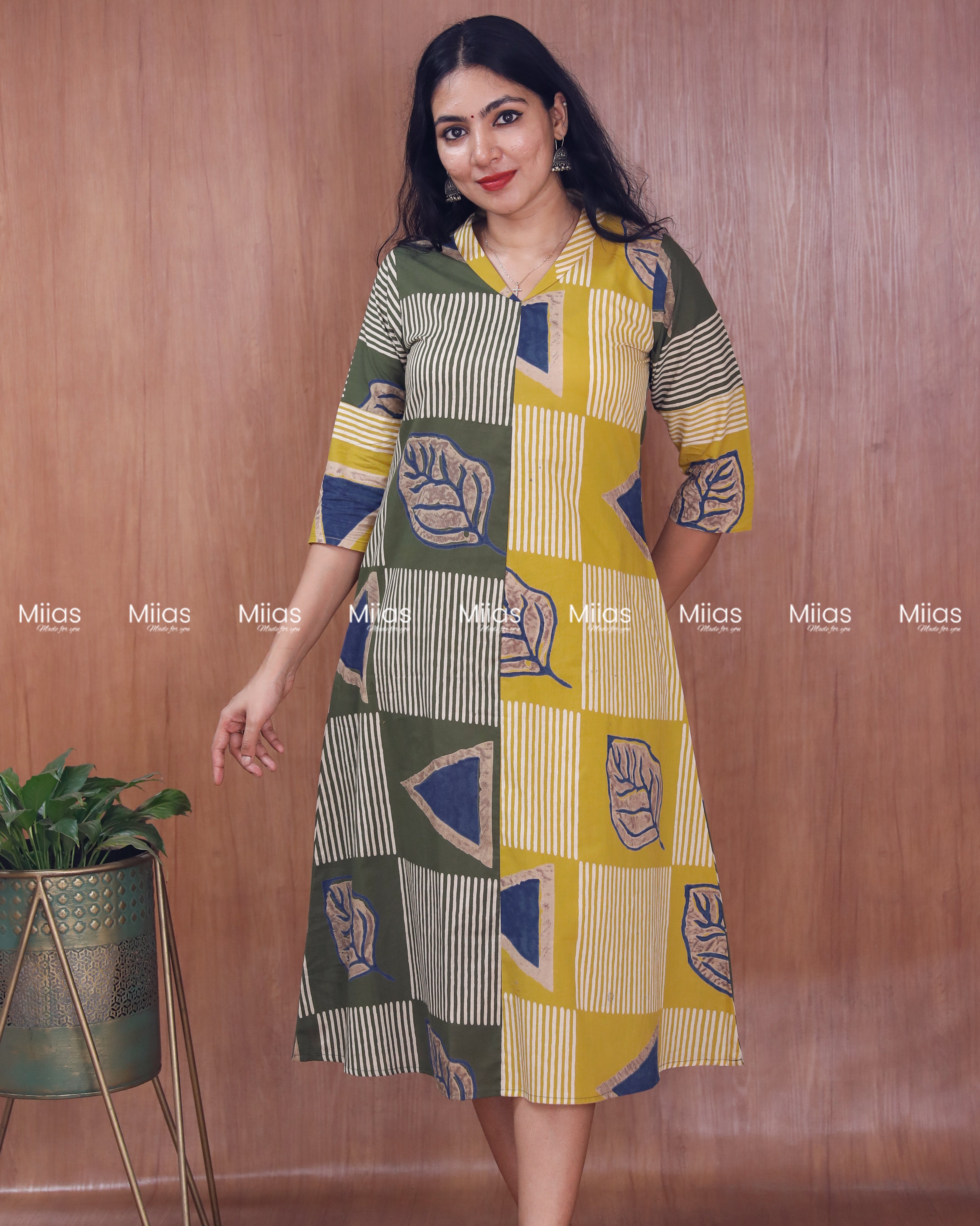 South Cotton Dress Kurti | Dual Print + Folding Collar | Olive Green with Yellow