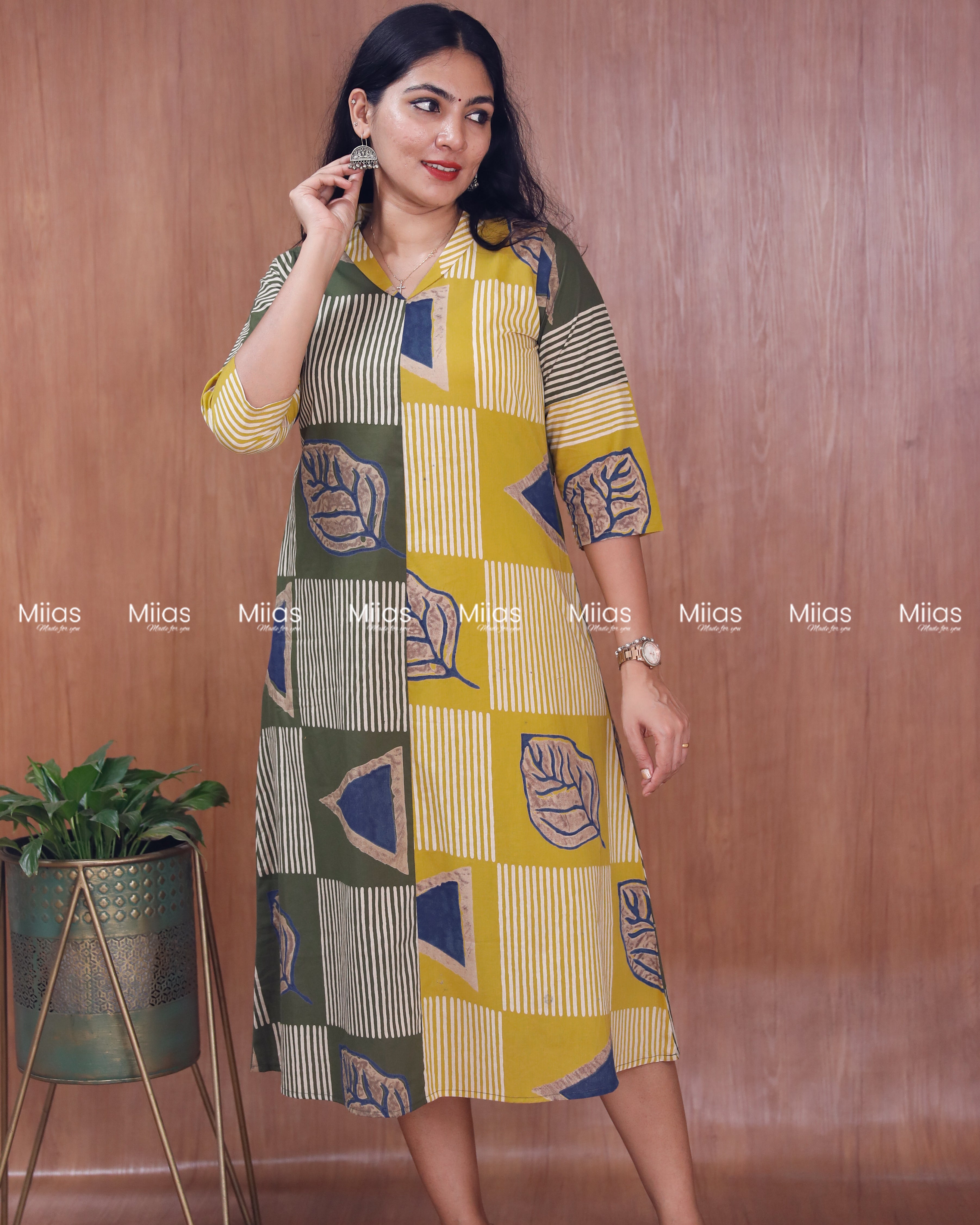 South Cotton Dress Kurti | Dual Print + Folding Collar | Olive Green with Yellow