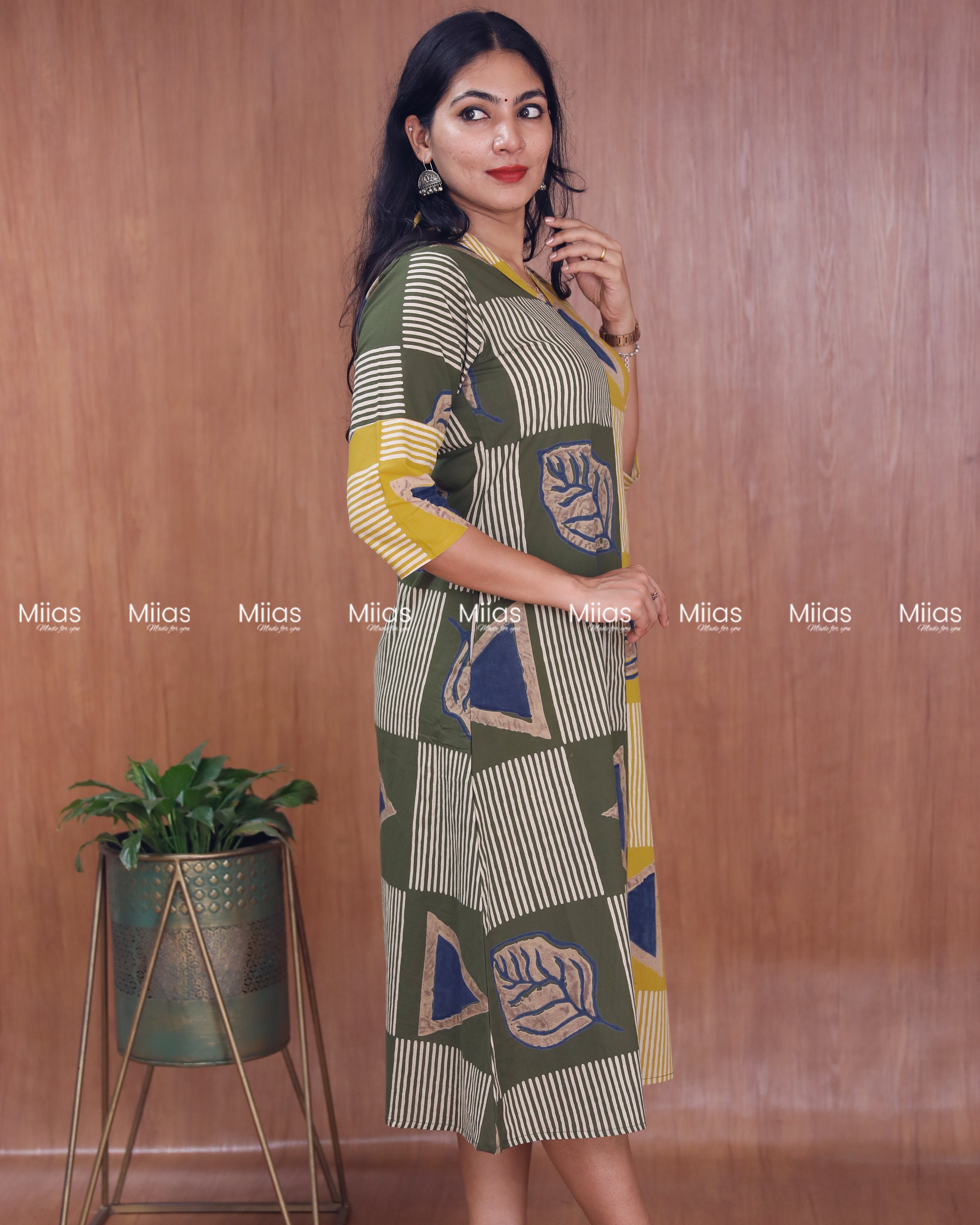 South Cotton Dress Kurti | Dual Print + Folding Collar | Olive Green with Yellow