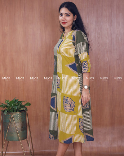 South Cotton Dress Kurti | Dual Print + Folding Collar | Olive Green with Yellow