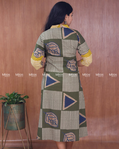South Cotton Dress Kurti | Dual Print + Folding Collar | Olive Green with Yellow