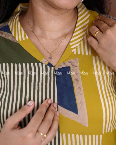 South Cotton Dress Kurti | Dual Print + Folding Collar | Olive Green with Yellow