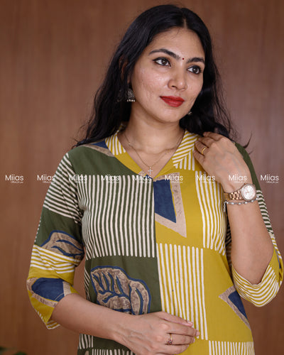 South Cotton Dress Kurti | Dual Print + Folding Collar | Olive Green with Yellow